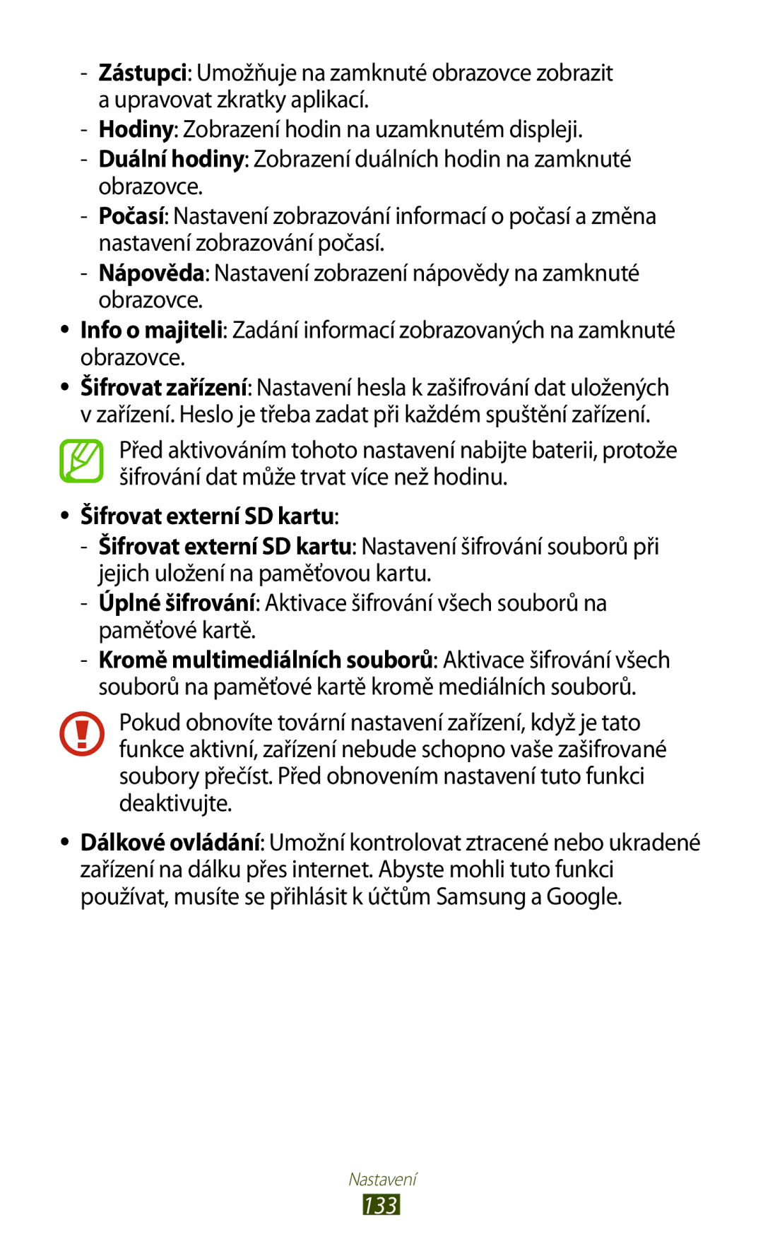 Samsung GT-S7560ZKAPRT, GT-S7560UWAPRT, GT-S7560ZKAXEO, GT-S7560ZKATPL, GT-S7560UWAPLS manual Šifrovat externí SD kartu, 133 