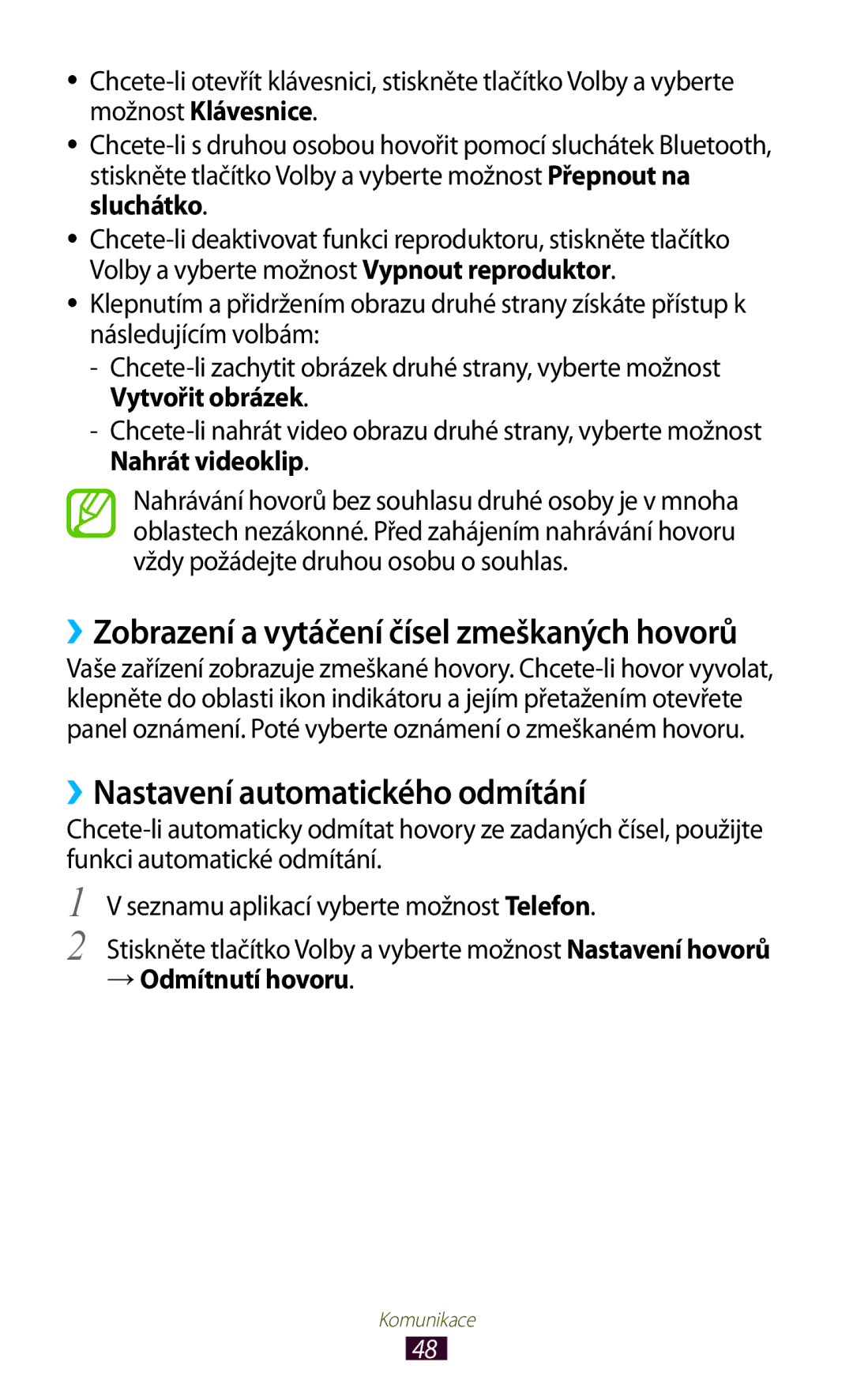 Samsung GT2S7560UWAO2C, GT-S7560ZKAPRT, GT-S7560UWAPRT manual ››Nastavení automatického odmítání, → Odmítnutí hovoru 