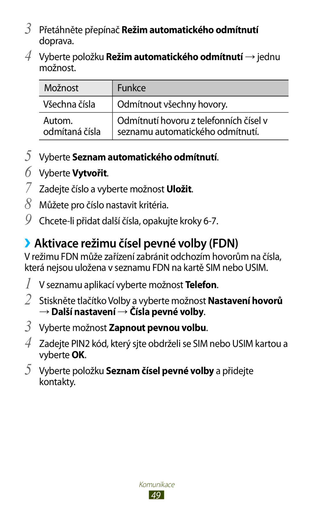 Samsung GT-S7560ZKAETL ››Aktivace režimu čísel pevné volby FDN, Přetáhněte přepínač Režim automatického odmítnutí doprava 