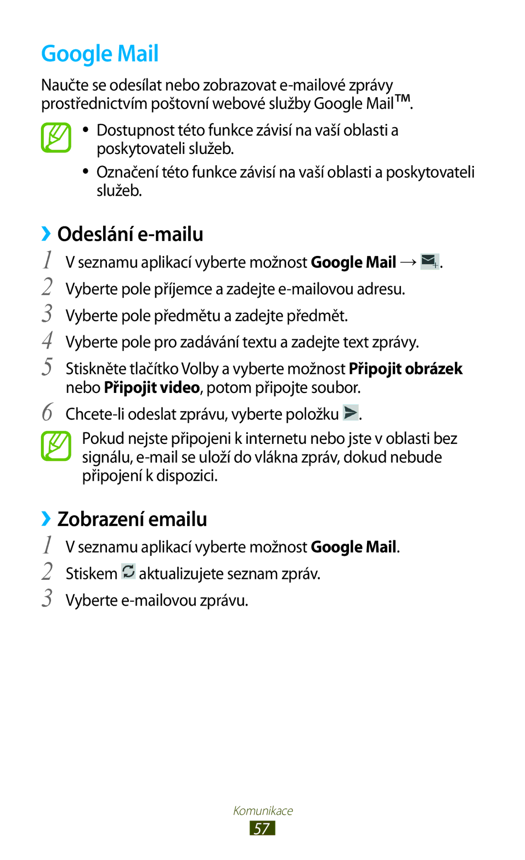 Samsung GT-S7560ZKAPRT manual Google Mail, ››Odeslání e-mailu, Zobrazení emailu, Stiskem aktualizujete seznam zpráv 