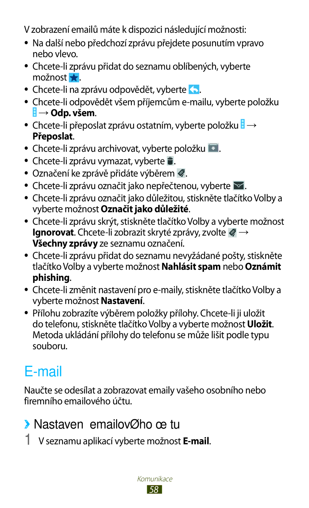 Samsung GT-S7560UWAPRT manual Mail, ››Nastavení emailového účtu, → Odp. všem, Seznamu aplikací vyberte možnost E-mail 