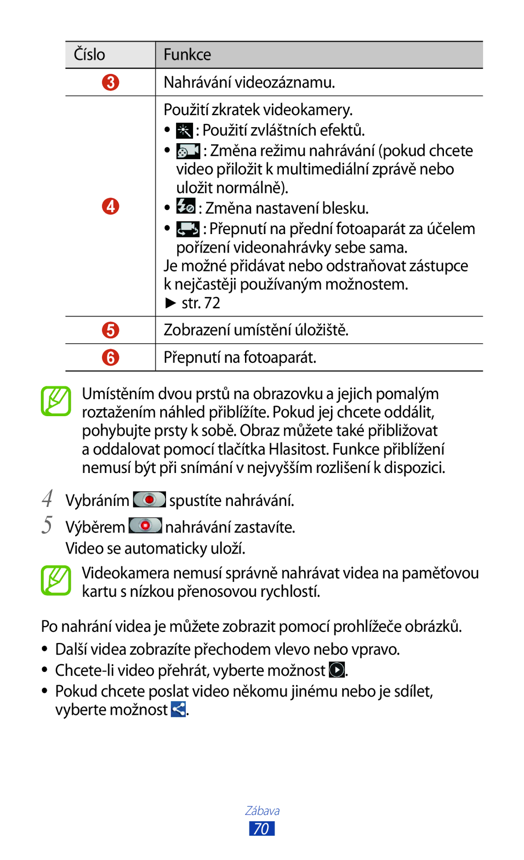 Samsung GT-S7560UWAVDC manual Číslo Funkce Nahrávání videozáznamu, Str Zobrazení umístění úložiště Přepnutí na fotoaparát 