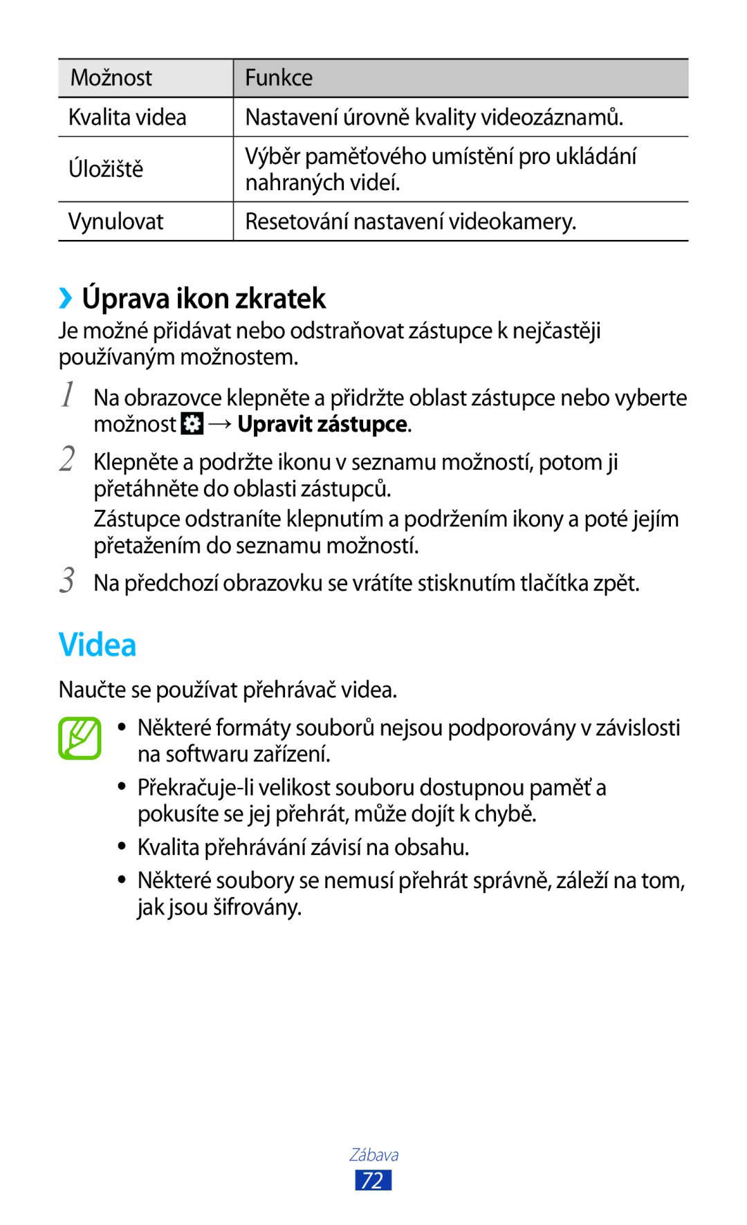 Samsung GT2S7560ZKAO2C, GT-S7560ZKAPRT, GT-S7560UWAPRT, GT-S7560ZKAXEO, GT-S7560ZKATPL manual Videa, ››Úprava ikon zkratek 