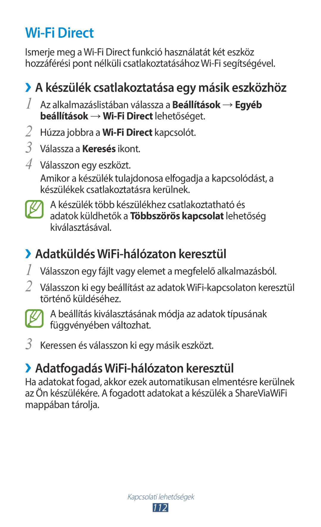 Samsung GT-S7560UWAXEO manual Wi-Fi Direct, ››Adatküldés WiFi-hálózaton keresztül, ››Adatfogadás WiFi-hálózaton keresztül 