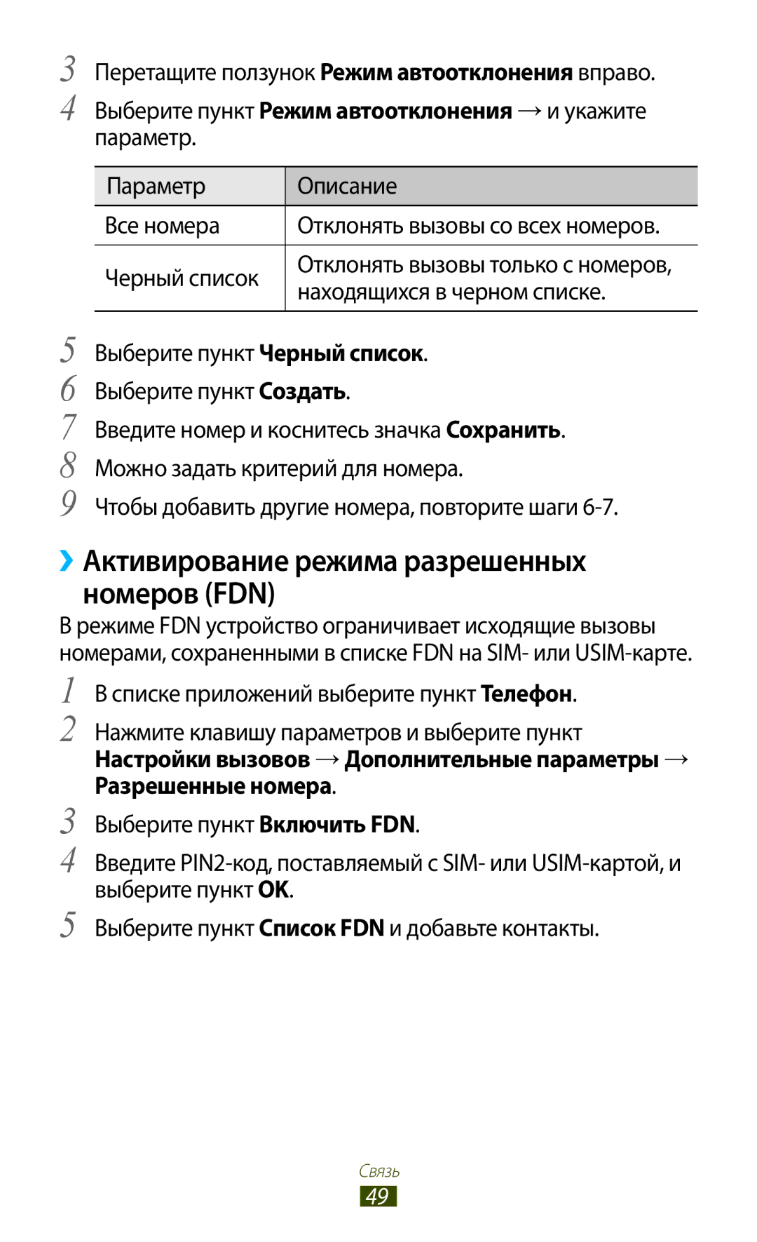 Samsung GT-S7560UWASEB manual ››Активирование режима разрешенных номеров FDN, Черный список, Находящихся в черном списке 