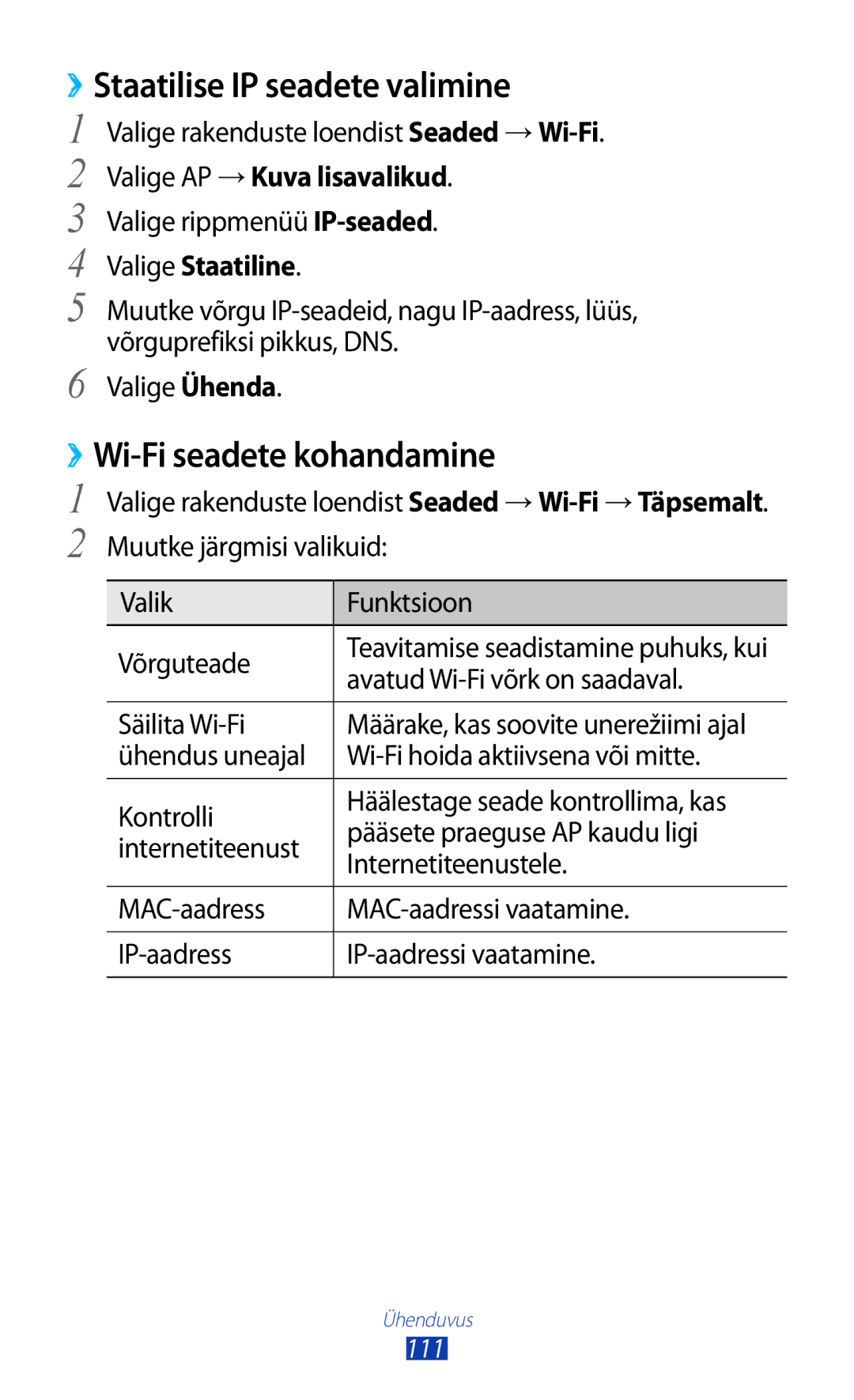 Samsung GT-S7560UWASEB manual ››Staatilise IP seadete valimine, ››Wi-Fi seadete kohandamine, Valige AP → Kuva lisavalikud 