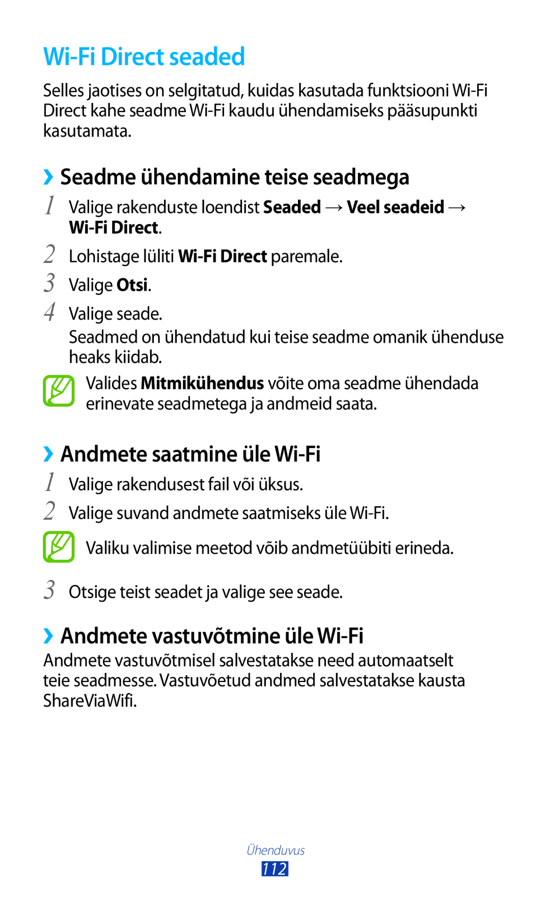 Samsung GT-S7560ZKASEB manual Wi-Fi Direct seaded, ››Seadme ühendamine teise seadmega, ››Andmete saatmine üle Wi-Fi 