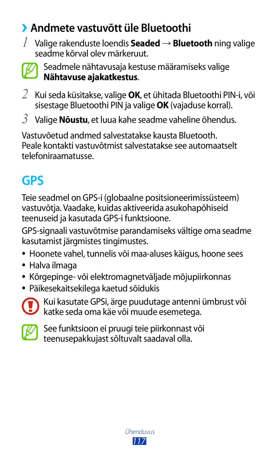 Samsung GT-S7560UWASEB, GT-S7560ZKASEB manual Gps, ››Andmete vastuvõtt üle Bluetoothi 