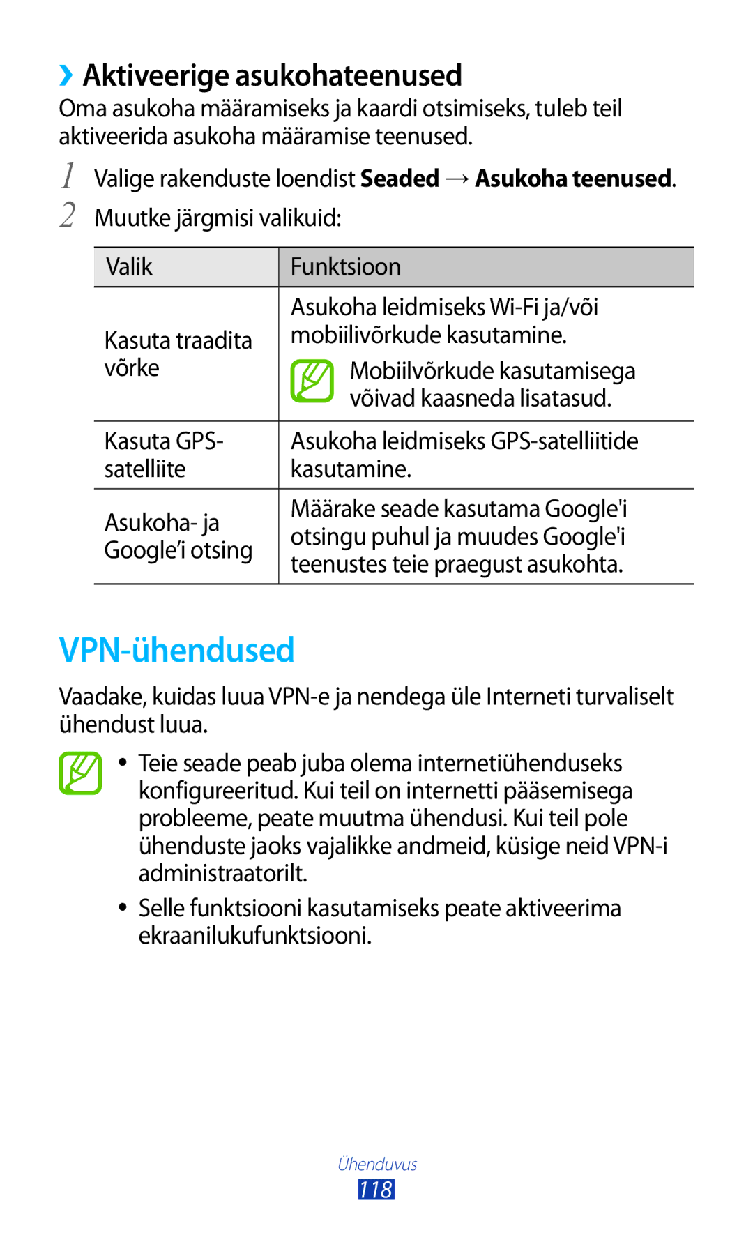 Samsung GT-S7560ZKASEB, GT-S7560UWASEB manual VPN-ühendused, ››Aktiveerige asukohateenused 