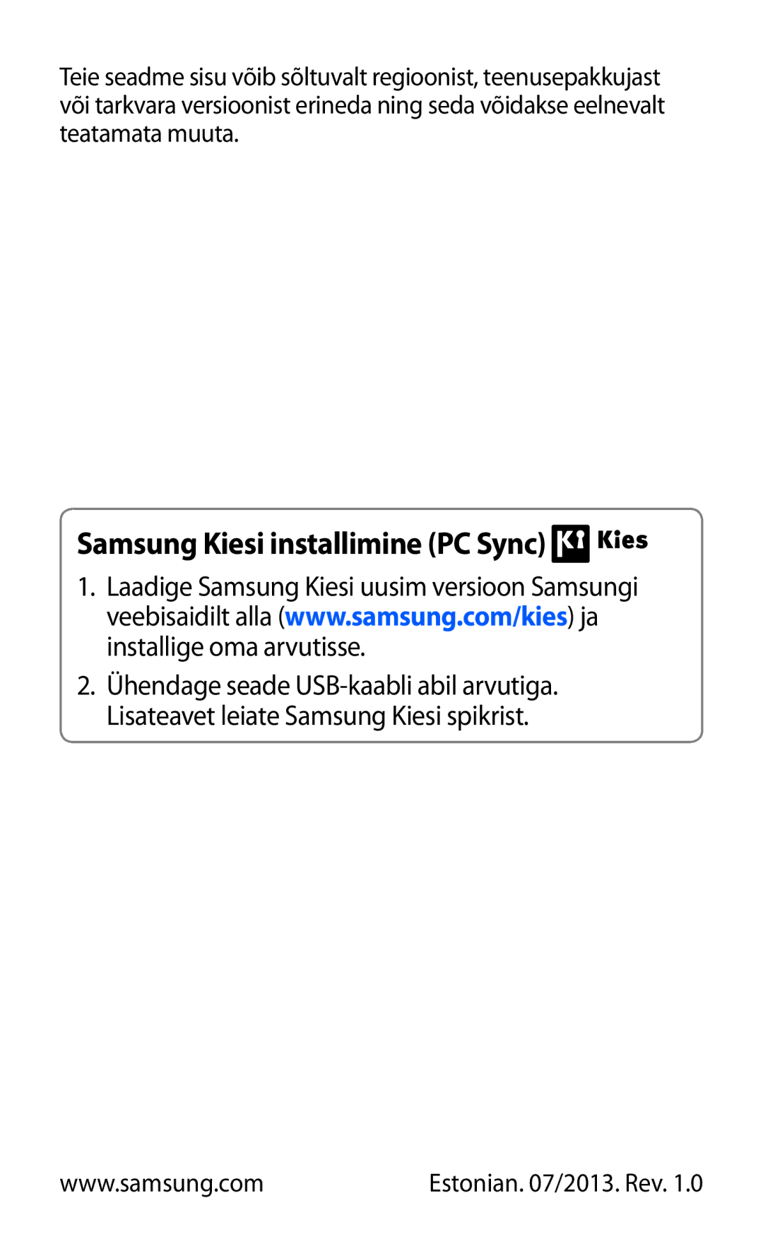 Samsung GT-S7560ZKASEB, GT-S7560UWASEB manual Samsung Kiesi installimine PC Sync 