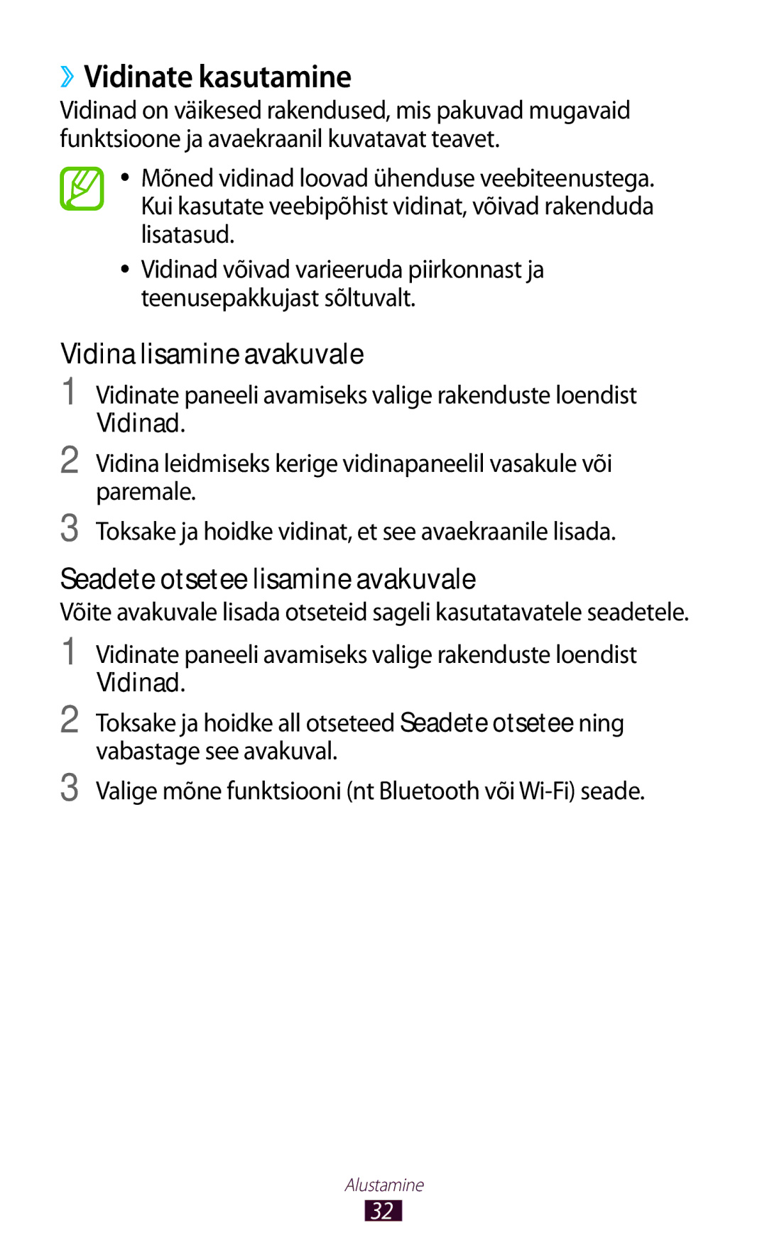 Samsung GT-S7560ZKASEB manual ››Vidinate kasutamine, Vidina lisamine avakuvale, Seadete otsetee lisamine avakuvale 