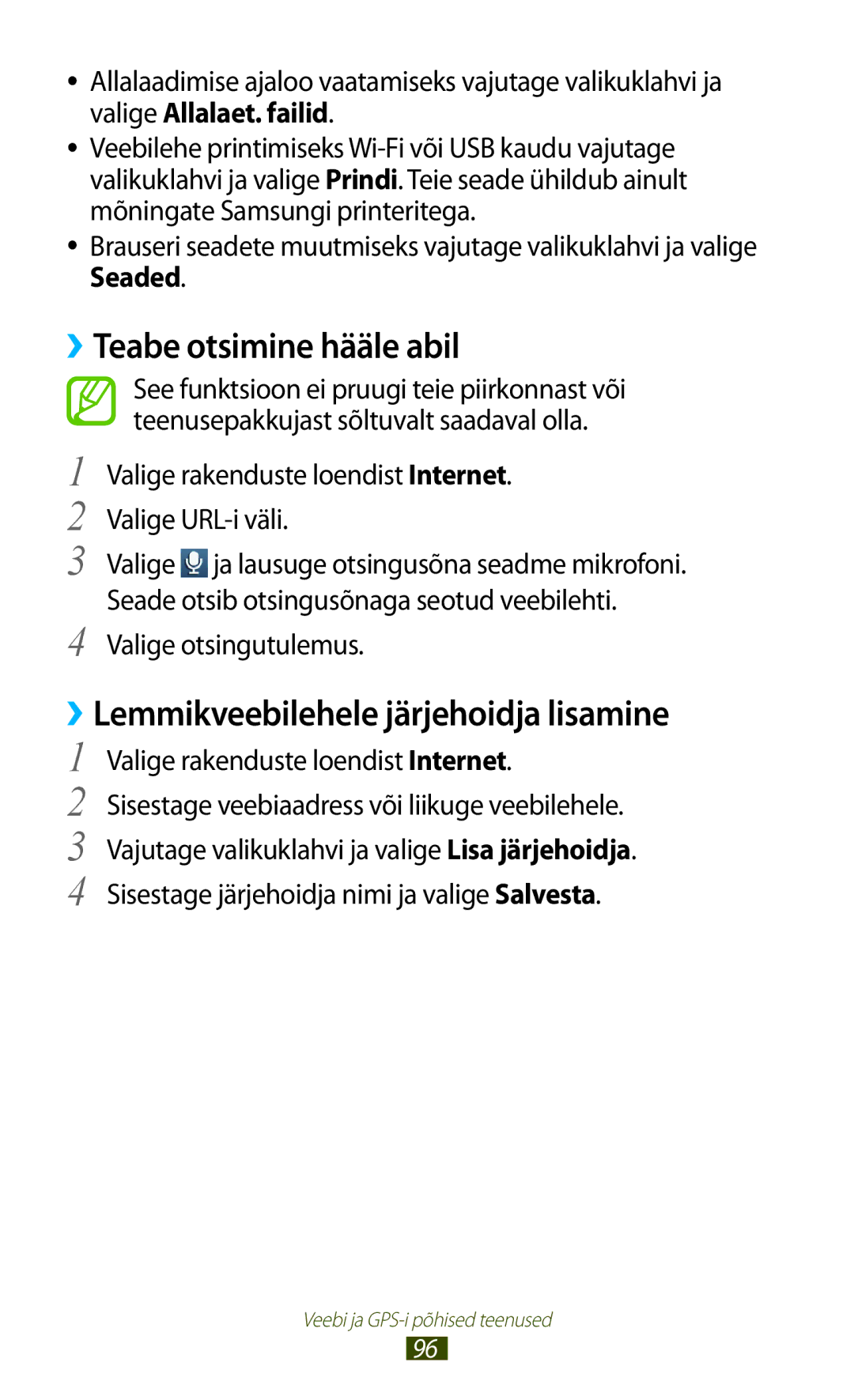 Samsung GT-S7560ZKASEB manual ››Teabe otsimine hääle abil, ››Lemmikveebilehele järjehoidja lisamine, Valige otsingutulemus 