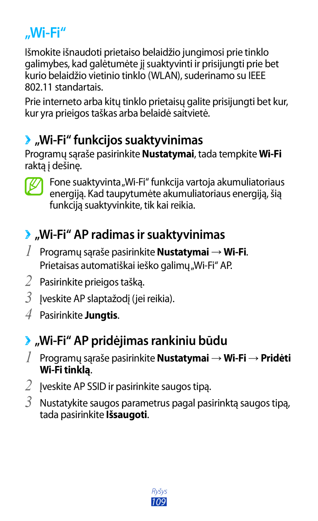 Samsung GT-S7560UWASEB, GT-S7560ZKASEB manual ››„Wi-Fi funkcijos suaktyvinimas, ››„Wi-Fi AP radimas ir suaktyvinimas 