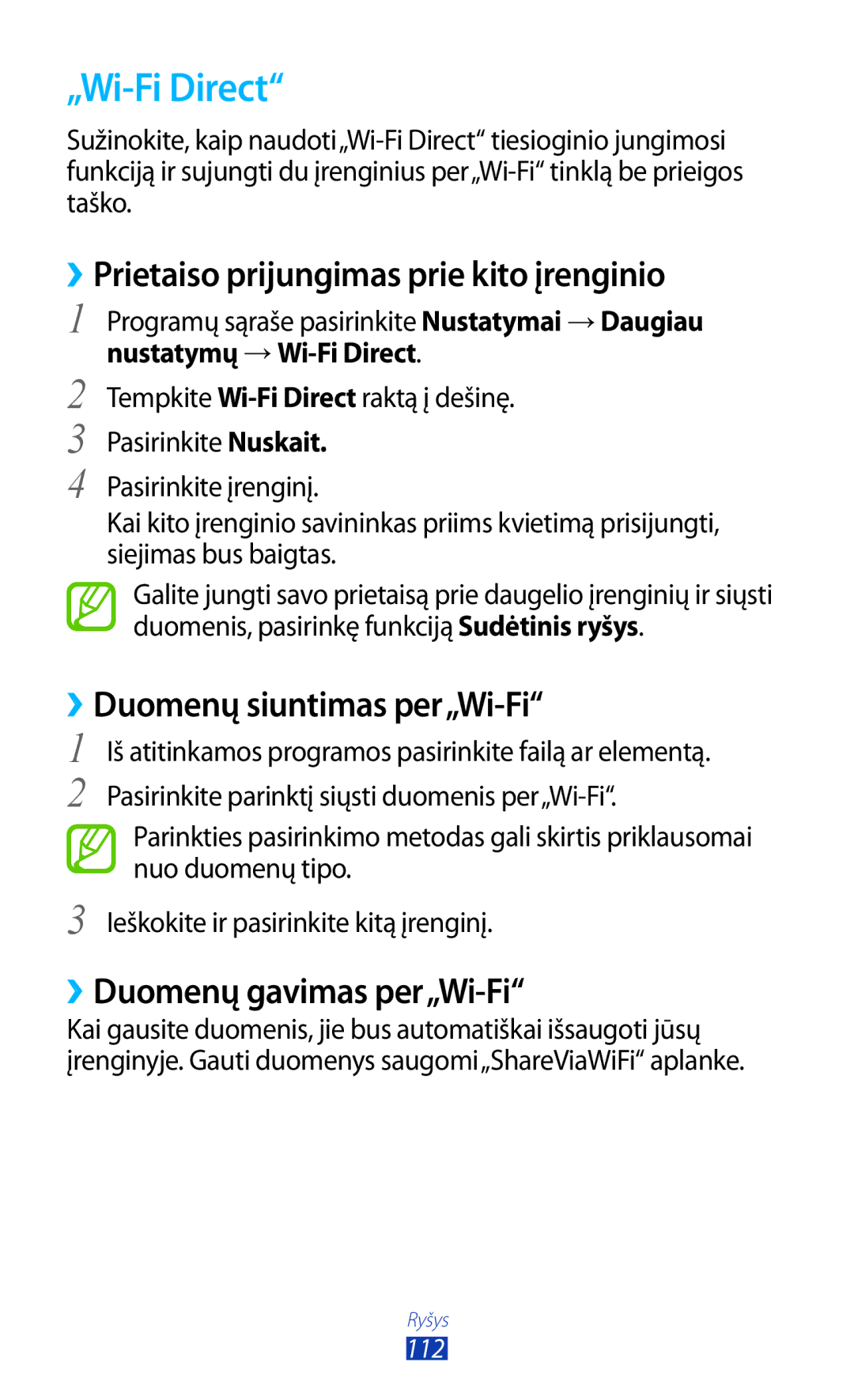 Samsung GT-S7560ZKASEB manual „Wi-Fi Direct, ››Prietaiso prijungimas prie kito įrenginio, ››Duomenų siuntimas per„Wi-Fi 