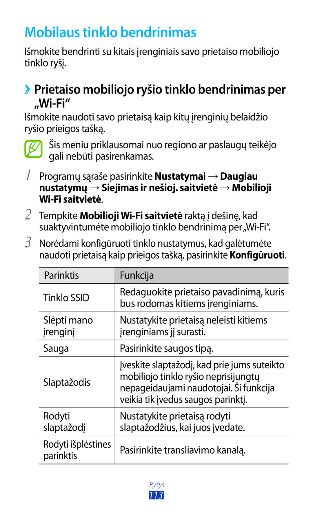 Samsung GT-S7560UWASEB manual Mobilaus tinklo bendrinimas, ››Prietaiso mobiliojo ryšio tinklo bendrinimas per „Wi-Fi 