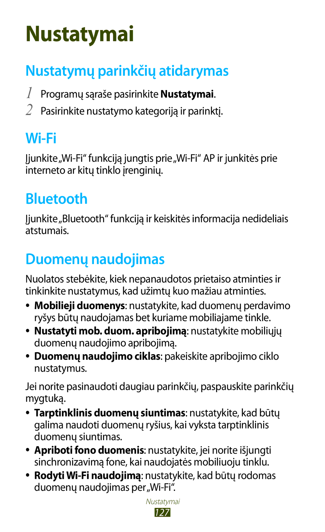 Samsung GT-S7560UWASEB, GT-S7560ZKASEB manual Nustatymų parinkčių atidarymas, Wi-Fi, Bluetooth, Duomenų naudojimas 