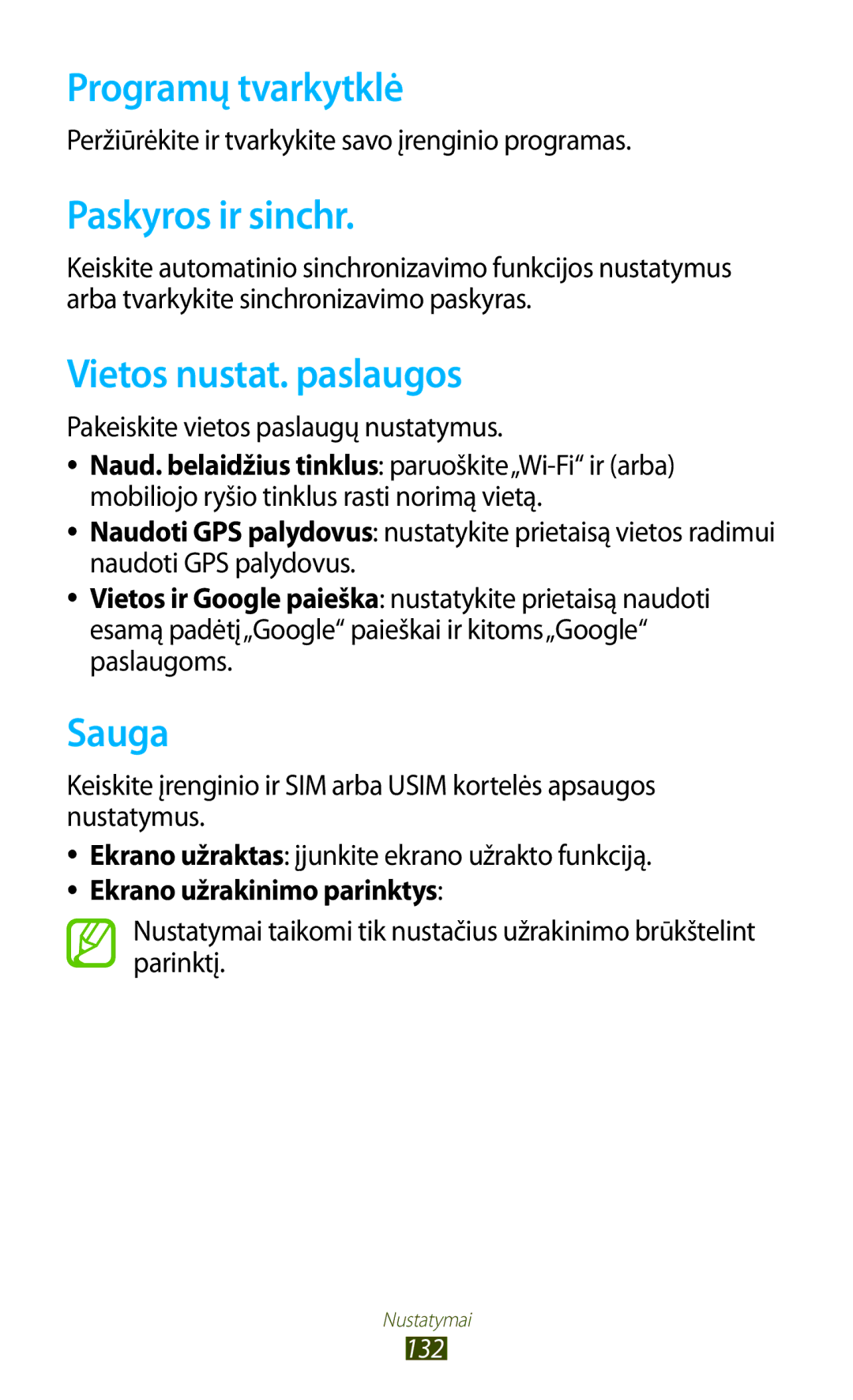 Samsung GT-S7560ZKASEB, GT-S7560UWASEB manual Programų tvarkytklė, Paskyros ir sinchr, Vietos nustat. paslaugos, Sauga 