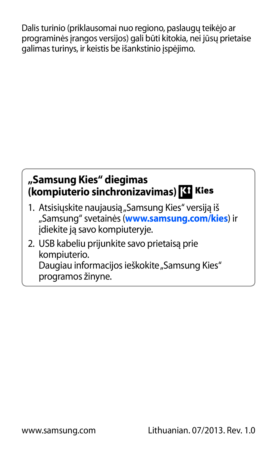 Samsung GT-S7560ZKASEB, GT-S7560UWASEB manual „Samsung Kies diegimas kompiuterio sinchronizavimas 