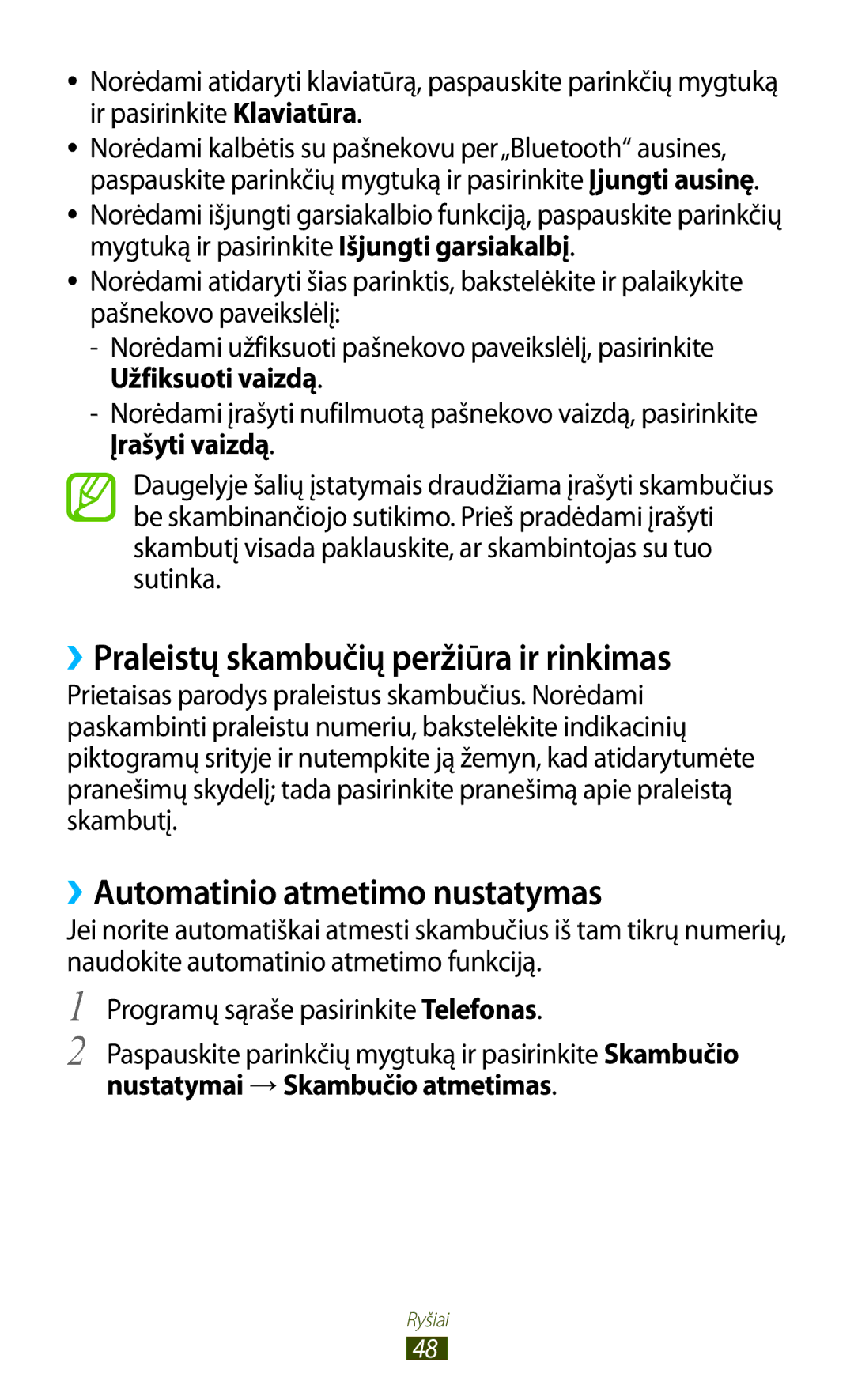 Samsung GT-S7560ZKASEB, GT-S7560UWASEB manual ››Praleistų skambučių peržiūra ir rinkimas, ››Automatinio atmetimo nustatymas 