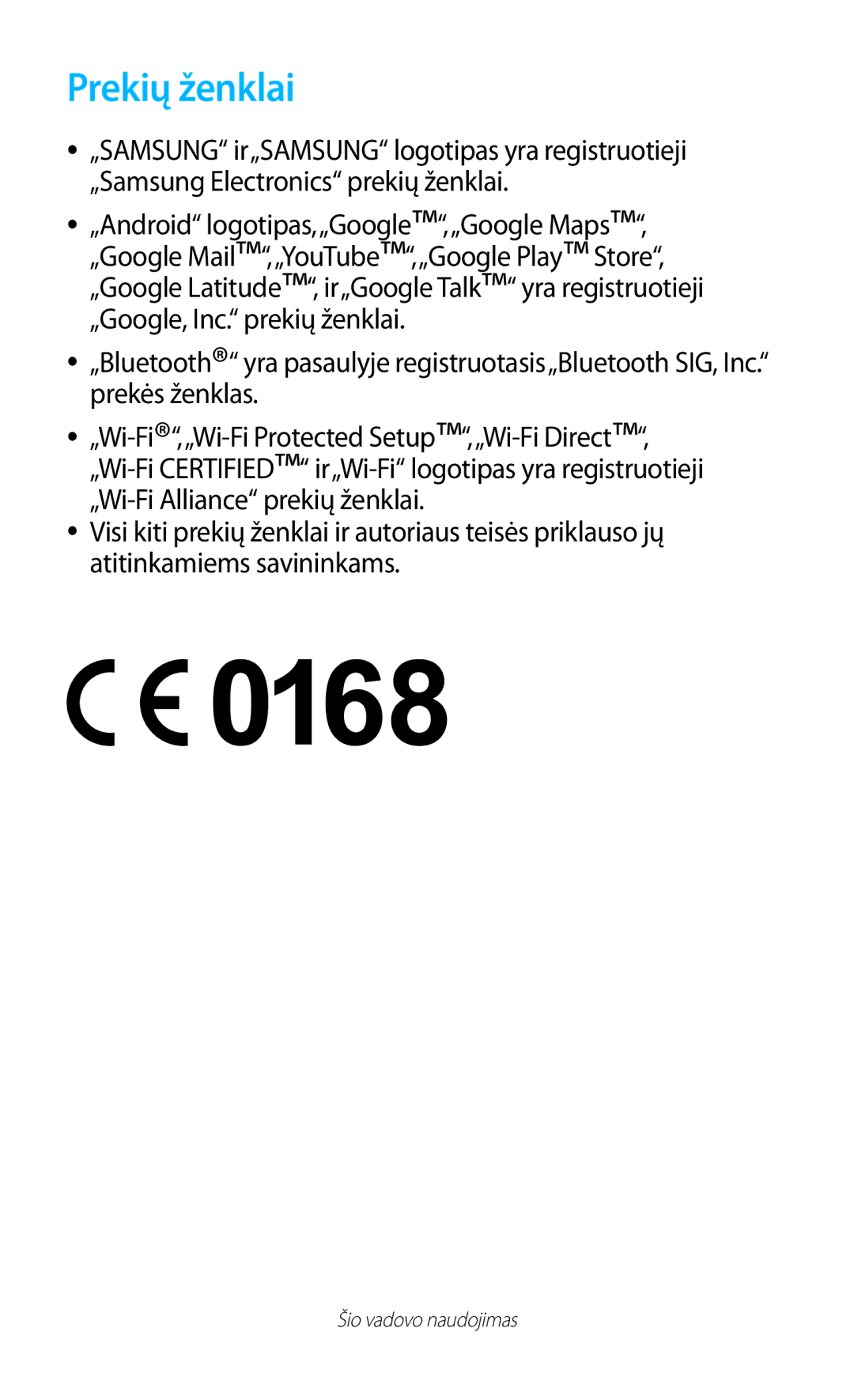 Samsung GT-S7560UWASEB, GT-S7560ZKASEB manual Prekių ženklai 