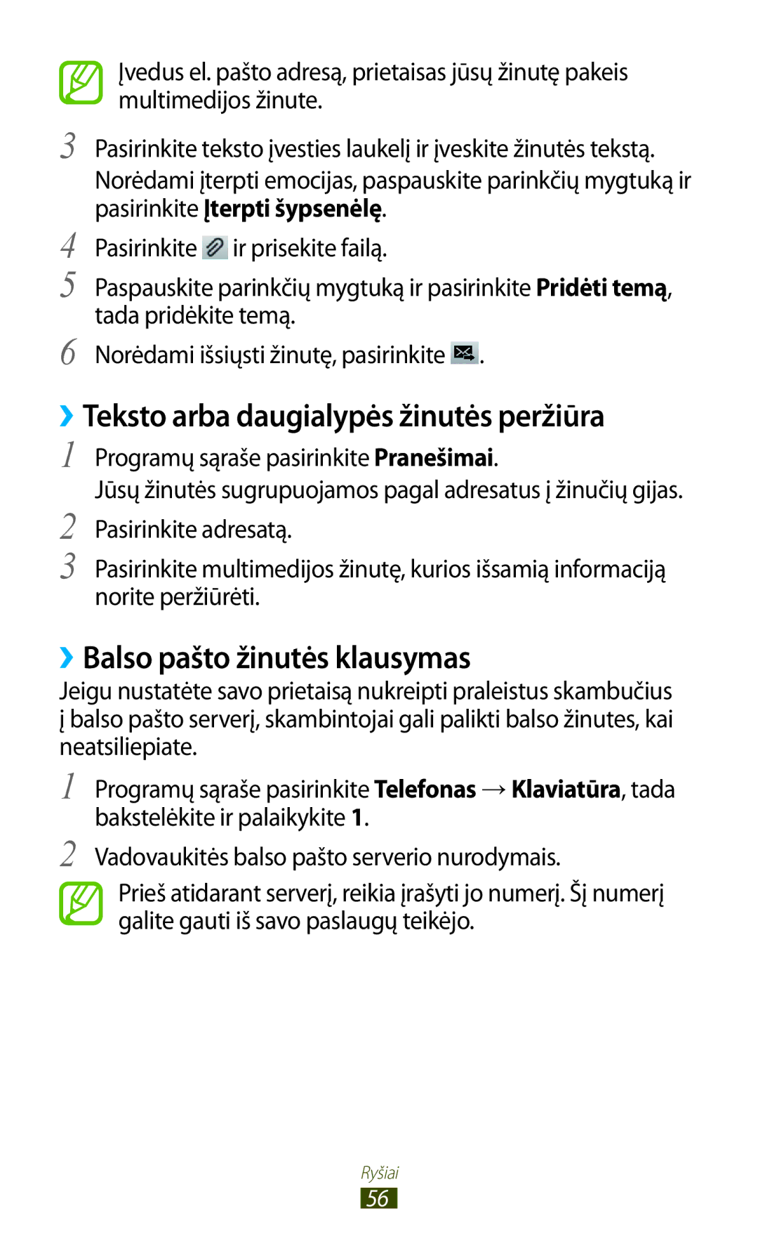 Samsung GT-S7560ZKASEB, GT-S7560UWASEB manual ››Teksto arba daugialypės žinutės peržiūra, ››Balso pašto žinutės klausymas 
