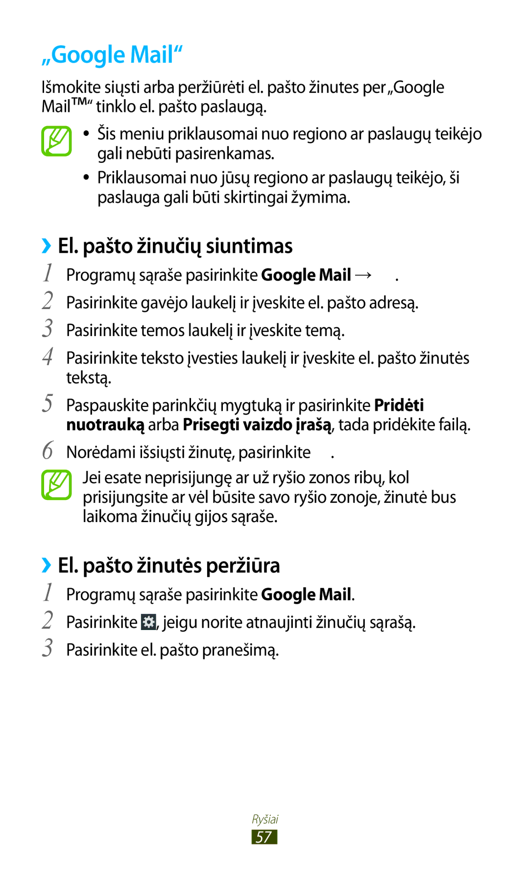 Samsung GT-S7560UWASEB, GT-S7560ZKASEB manual „Google Mail, ››El. pašto žinučių siuntimas, ››El. pašto žinutės peržiūra 