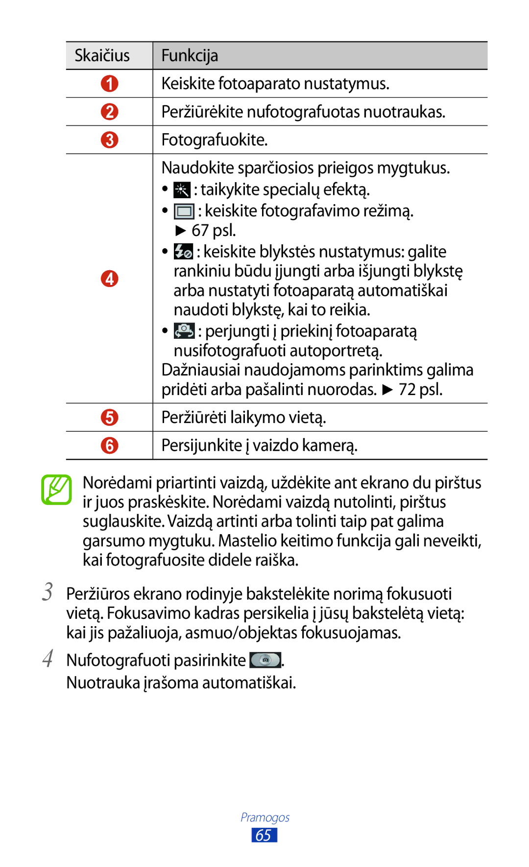 Samsung GT-S7560UWASEB, GT-S7560ZKASEB manual 67 psl, Peržiūrėti laikymo vietą Persijunkite į vaizdo kamerą 