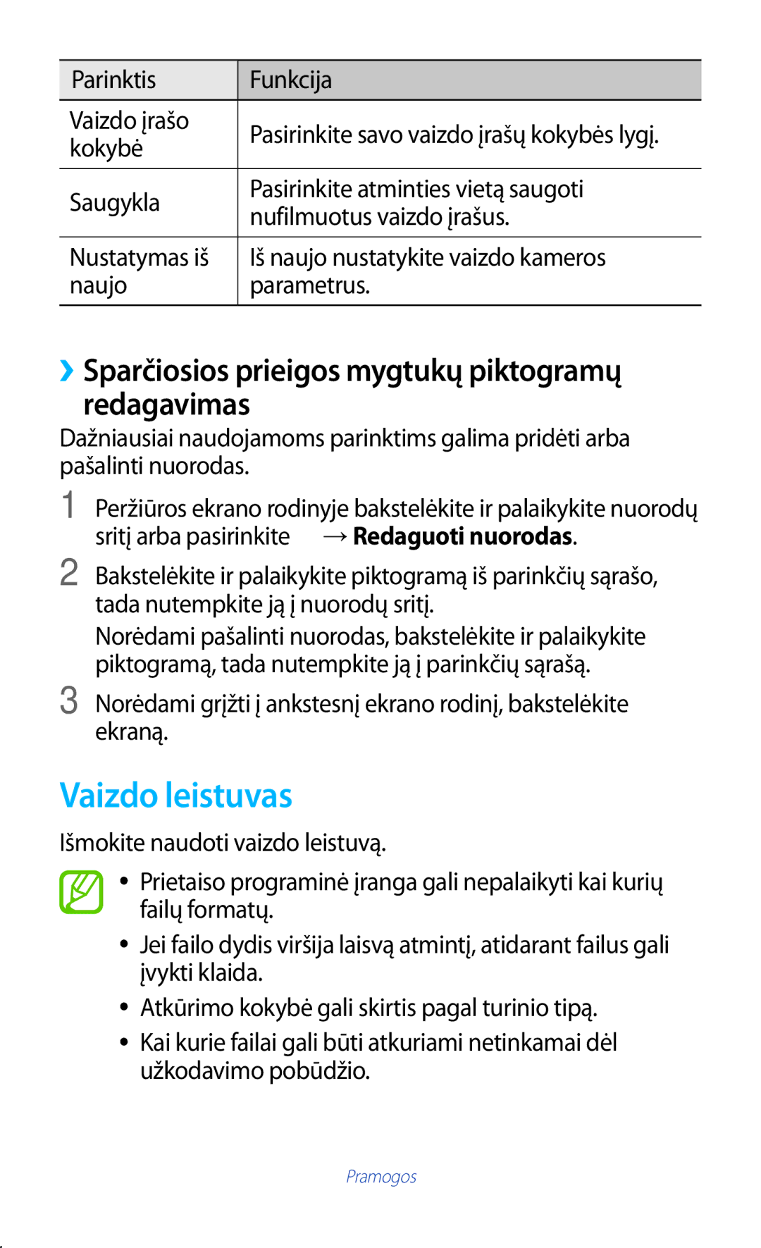 Samsung GT-S7560ZKASEB, GT-S7560UWASEB manual Vaizdo leistuvas, ››Sparčiosios prieigos mygtukų piktogramų redagavimas 