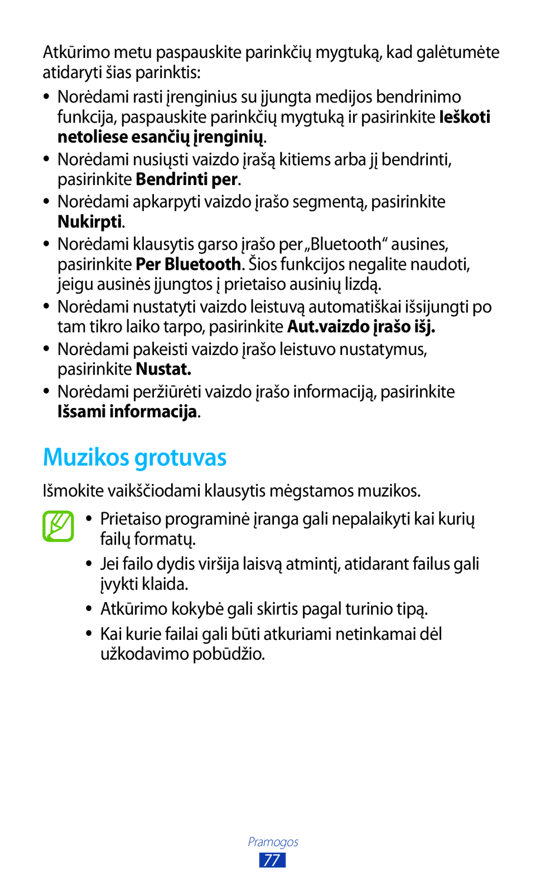 Samsung GT-S7560UWASEB, GT-S7560ZKASEB manual Muzikos grotuvas 