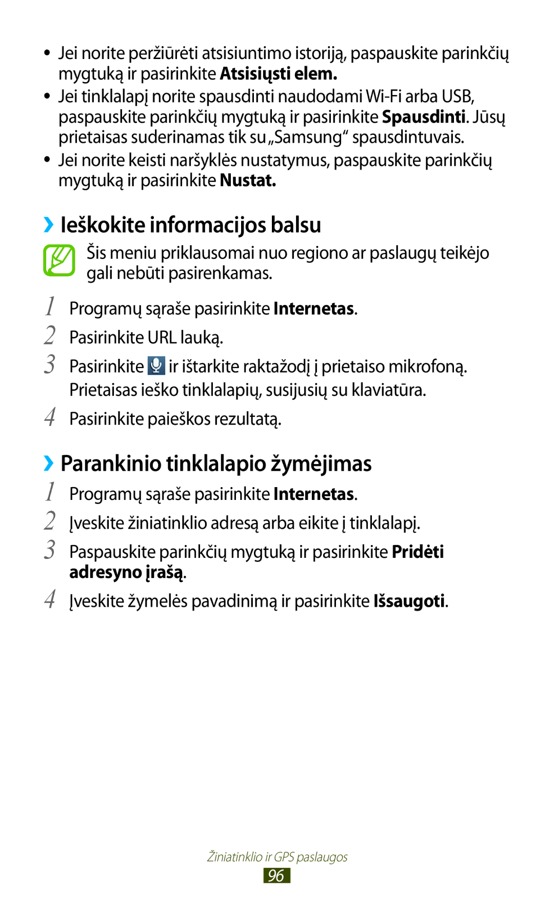 Samsung GT-S7560ZKASEB ››Ieškokite informacijos balsu, ››Parankinio tinklalapio žymėjimas, Pasirinkite paieškos rezultatą 