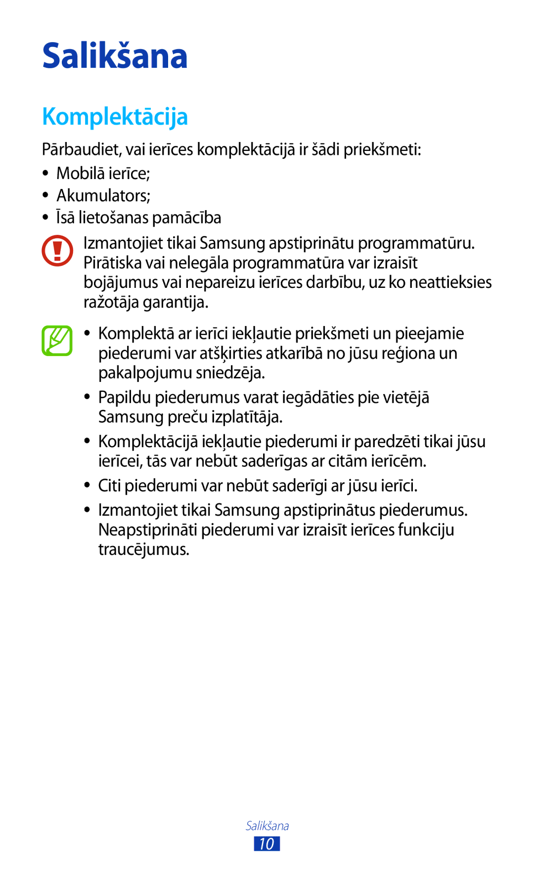 Samsung GT-S7560ZKASEB, GT-S7560UWASEB manual Salikšana, Komplektācija 