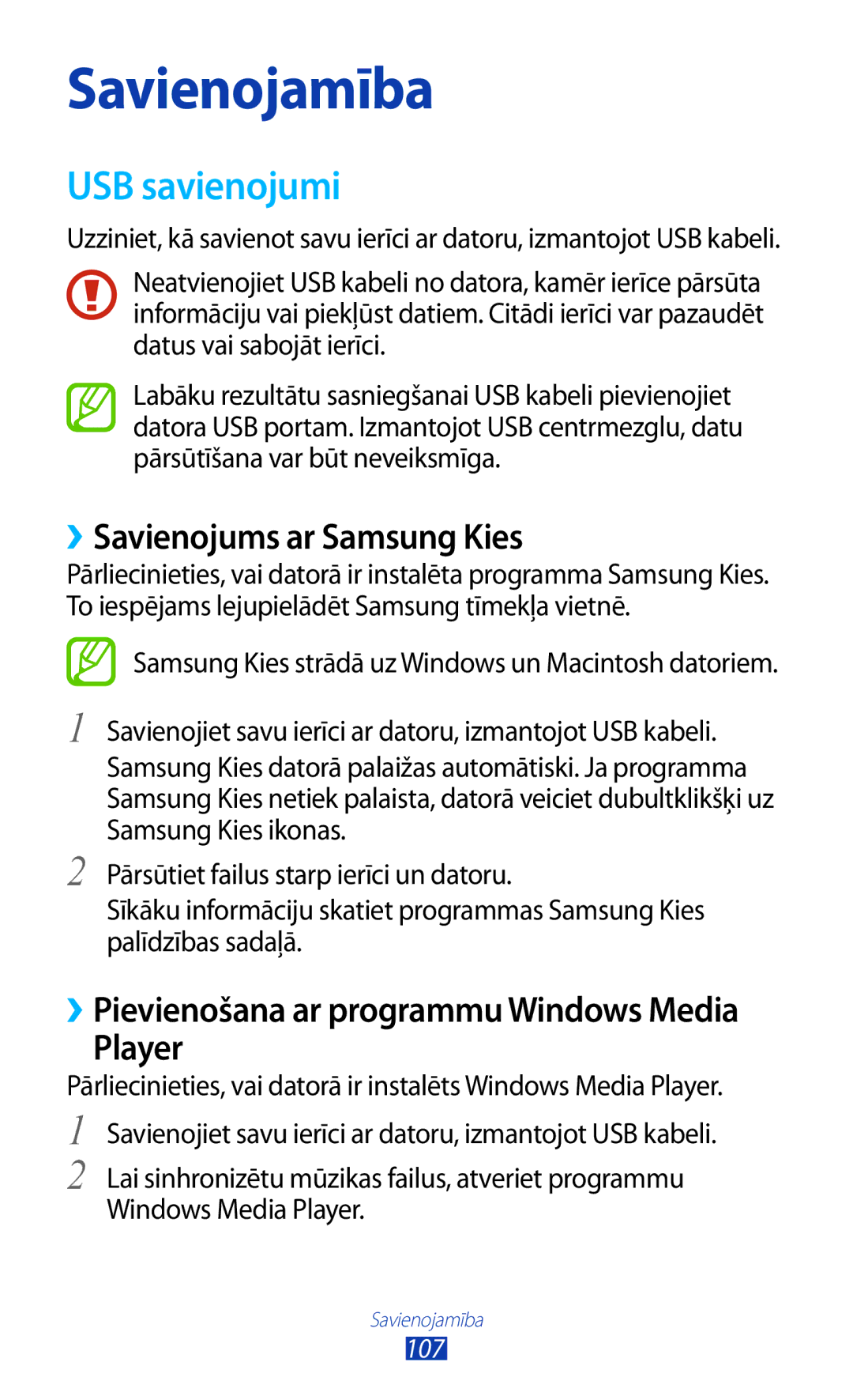 Samsung GT-S7560UWASEB, GT-S7560ZKASEB manual USB savienojumi, ››Savienojums ar Samsung Kies, Player 