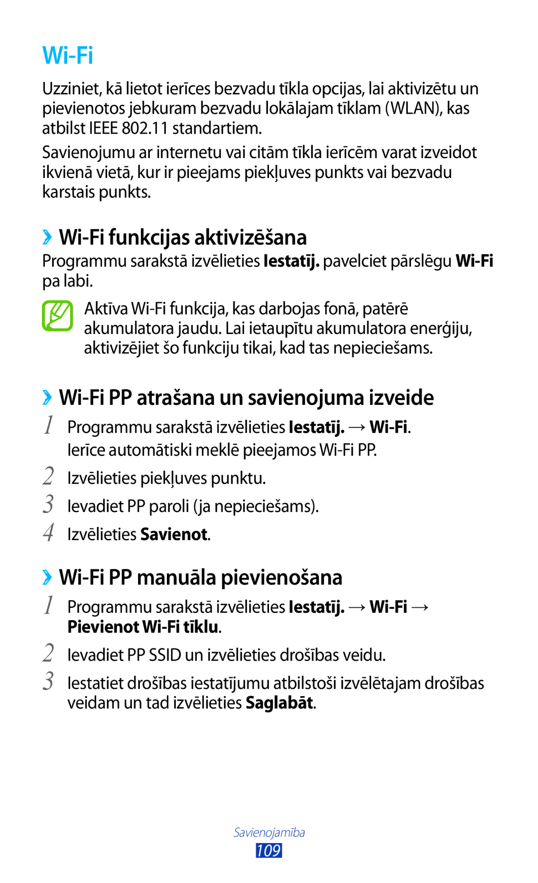 Samsung GT-S7560UWASEB, GT-S7560ZKASEB manual ››Wi-Fi funkcijas aktivizēšana, ››Wi-Fi PP atrašana un savienojuma izveide 