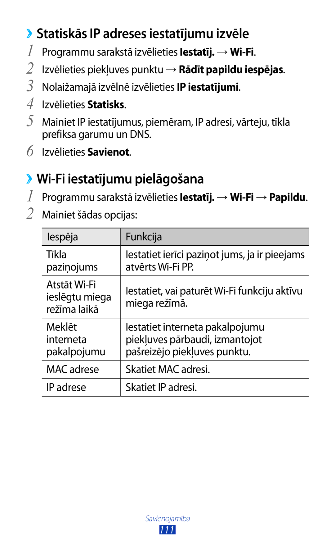 Samsung GT-S7560UWASEB, GT-S7560ZKASEB manual ››Statiskās IP adreses iestatījumu izvēle, ››Wi-Fi iestatījumu pielāgošana 