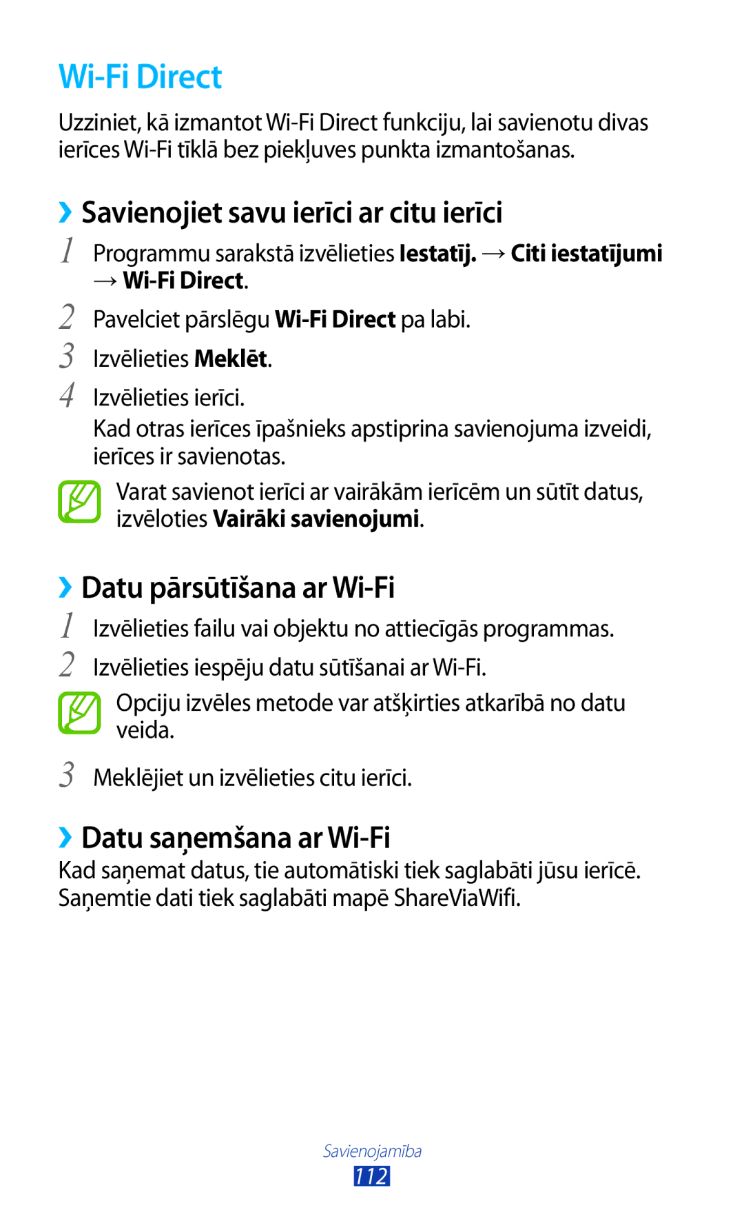 Samsung GT-S7560ZKASEB manual ››Savienojiet savu ierīci ar citu ierīci, ››Datu pārsūtīšana ar Wi-Fi, → Wi-Fi Direct 