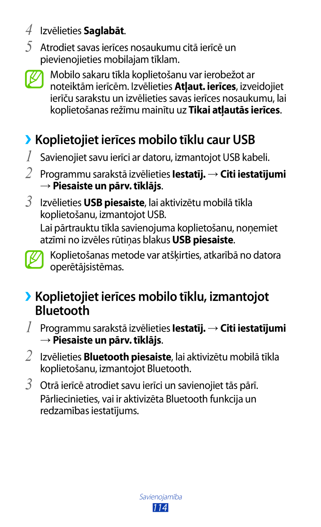 Samsung GT-S7560ZKASEB, GT-S7560UWASEB manual ››Koplietojiet ierīces mobilo tīklu caur USB, → Piesaiste un pārv. tīklājs 