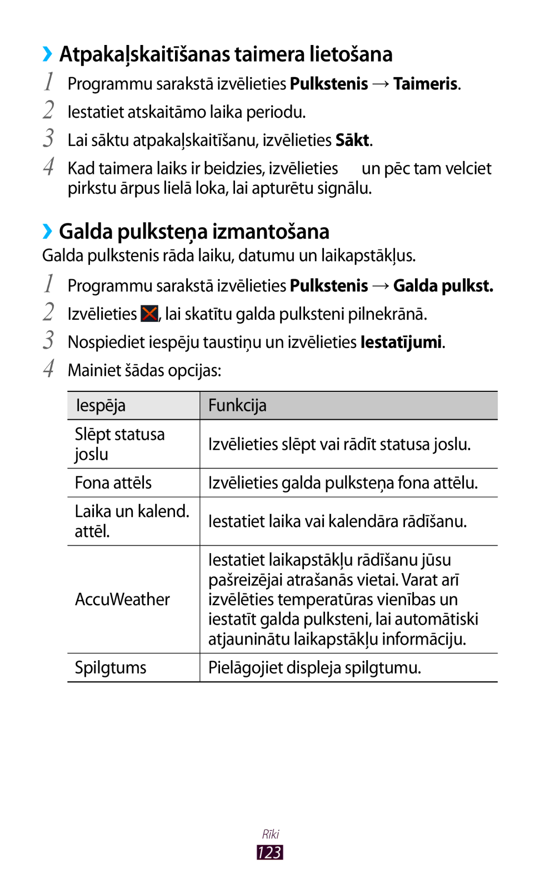 Samsung GT-S7560UWASEB, GT-S7560ZKASEB manual ››Atpakaļskaitīšanas taimera lietošana, ››Galda pulksteņa izmantošana 