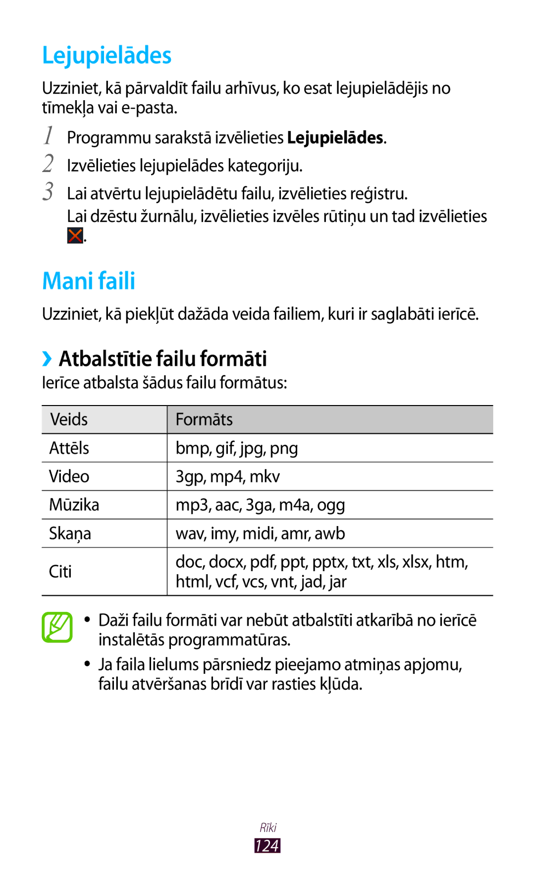 Samsung GT-S7560ZKASEB, GT-S7560UWASEB manual Lejupielādes, Mani faili, ››Atbalstītie failu formāti 