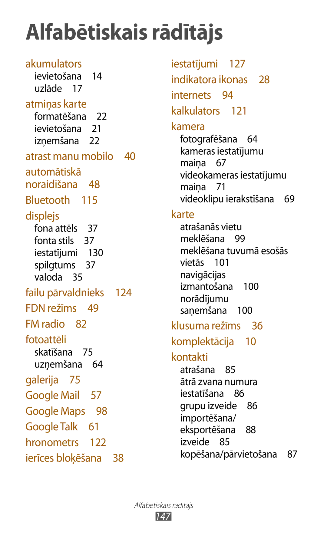 Samsung GT-S7560UWASEB, GT-S7560ZKASEB manual Alfabētiskais rādītājs 