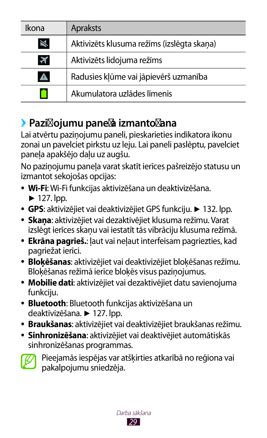 Samsung GT-S7560UWASEB manual ››Paziņojumu paneļa izmantošana, GPS aktivizējiet vai deaktivizējiet GPS funkciju . lpp 