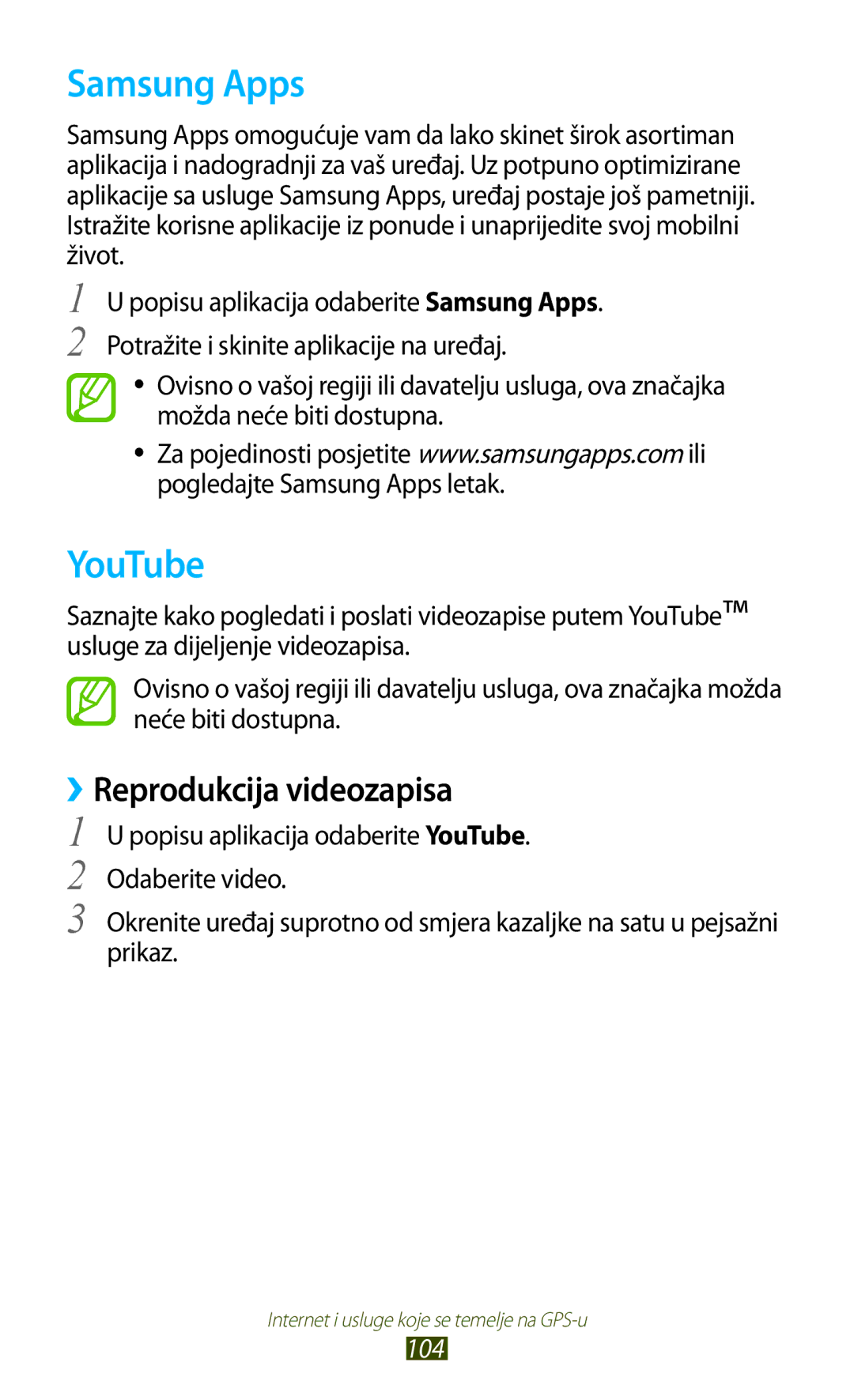 Samsung GT-S7560UWATWO, GT-S7560ZKASEE, GT-S7560ZKATWO, GT-S7560UWASEE, GT2S7560ZKATWO manual Samsung Apps, YouTube, 104 
