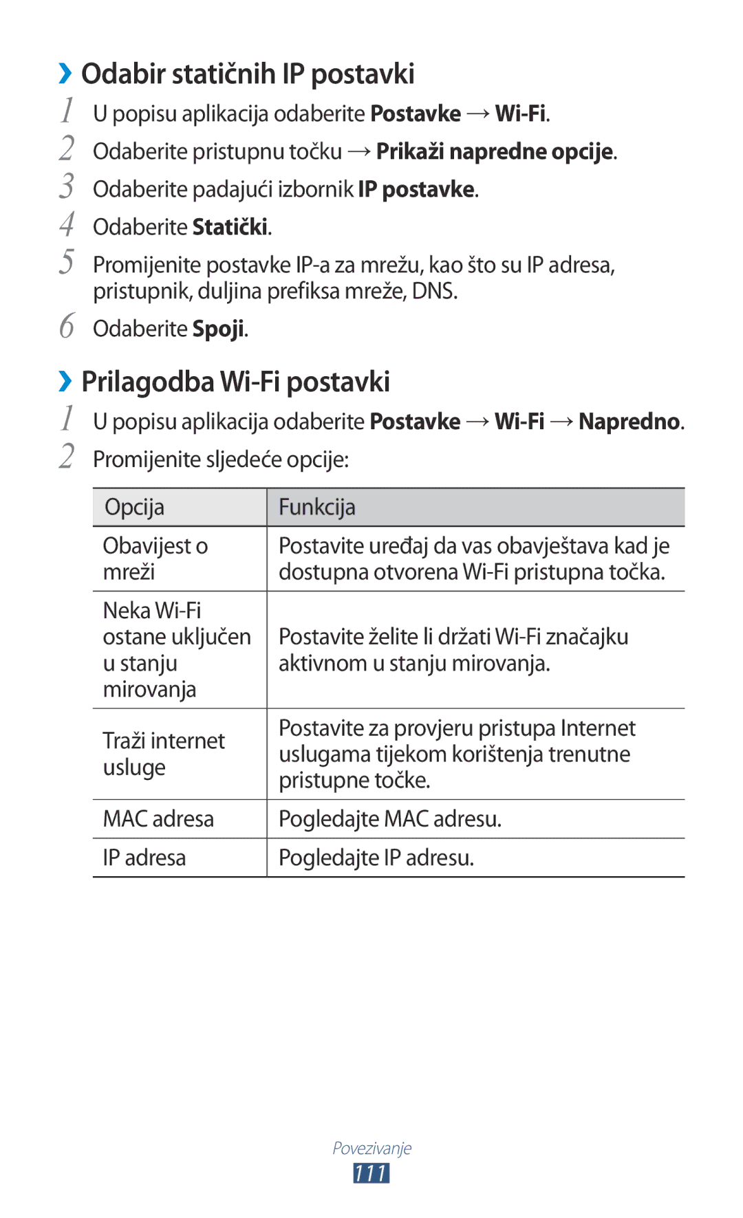 Samsung GT-S7560UWASEE, GT-S7560ZKASEE manual ››Odabir statičnih IP postavki, ››Prilagodba Wi-Fi postavki, Mreži, 111 