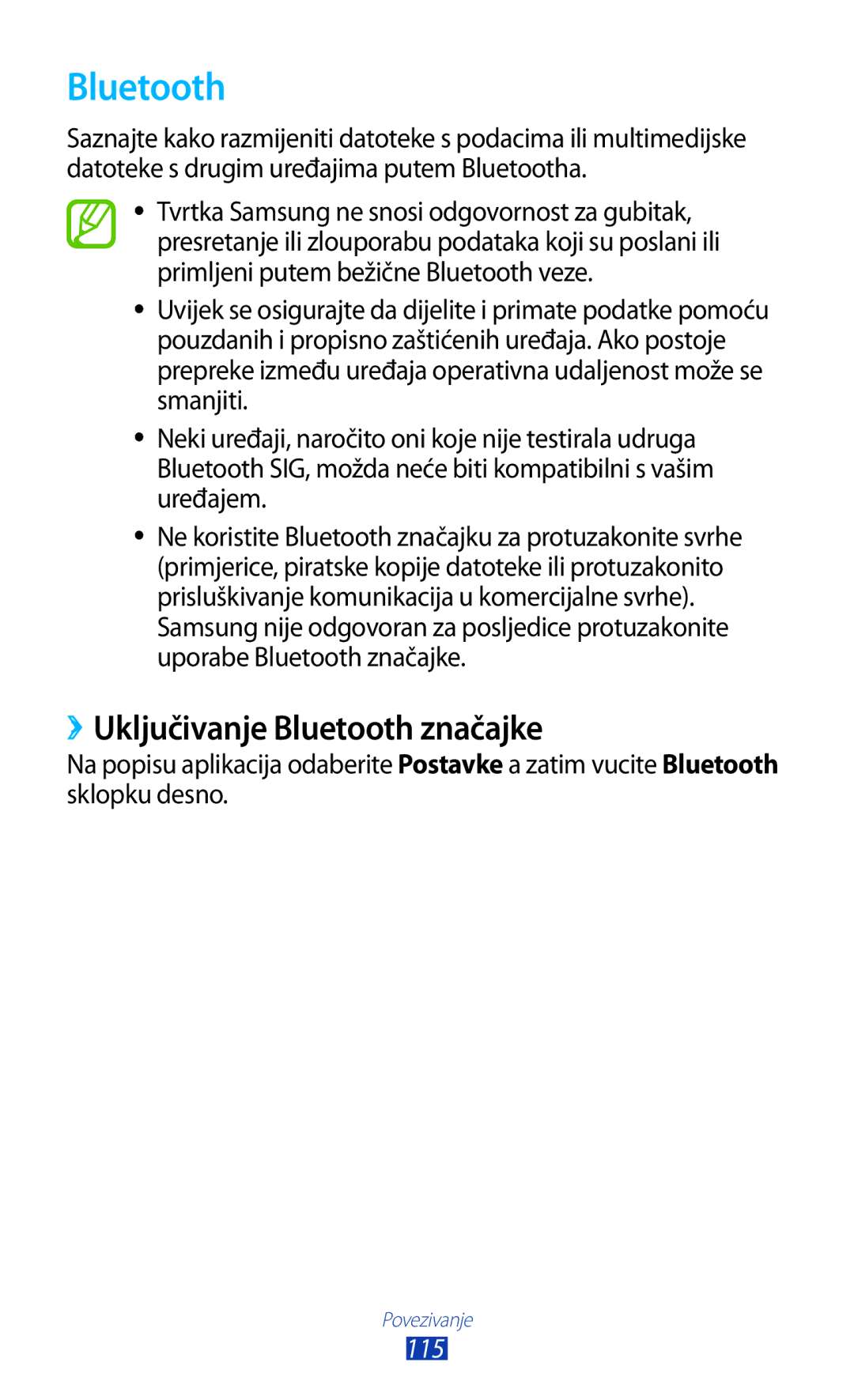 Samsung GT-S7560ZKATWO, GT-S7560ZKASEE, GT-S7560UWATWO, GT-S7560UWASEE manual ››Uključivanje Bluetooth značajke, 115 