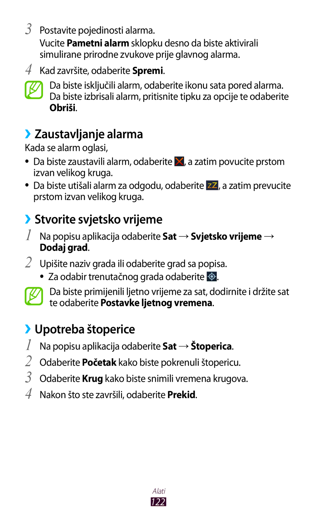 Samsung GT-S7560UWATWO, GT-S7560ZKASEE manual ››Zaustavljanje alarma, ››Stvorite svjetsko vrijeme, ››Upotreba štoperice, 122 