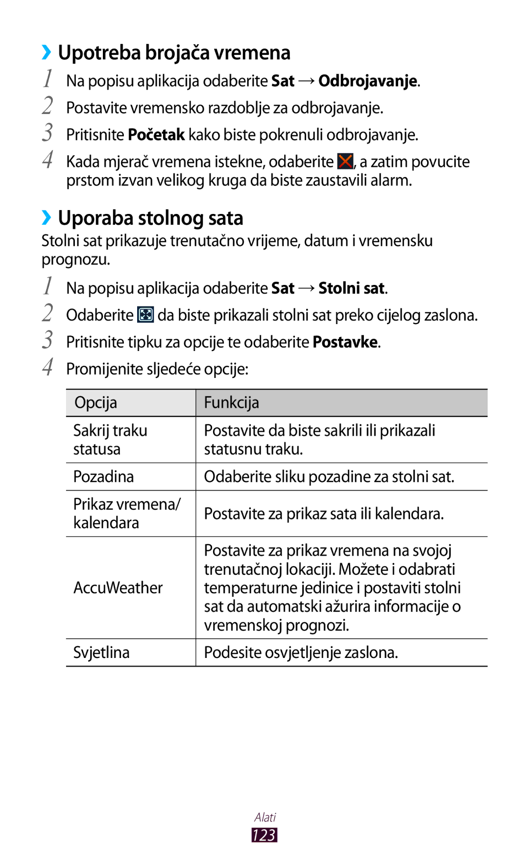 Samsung GT-S7560UWASEE, GT-S7560ZKASEE manual ››Upotreba brojača vremena, ››Uporaba stolnog sata, Vremenskoj prognozi, 123 