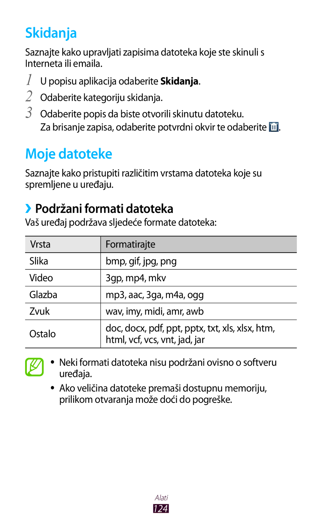 Samsung GT2S7560ZKATWO, GT-S7560ZKASEE, GT-S7560ZKATWO manual Skidanja, Moje datoteke, ››Podržani formati datoteka, 124 