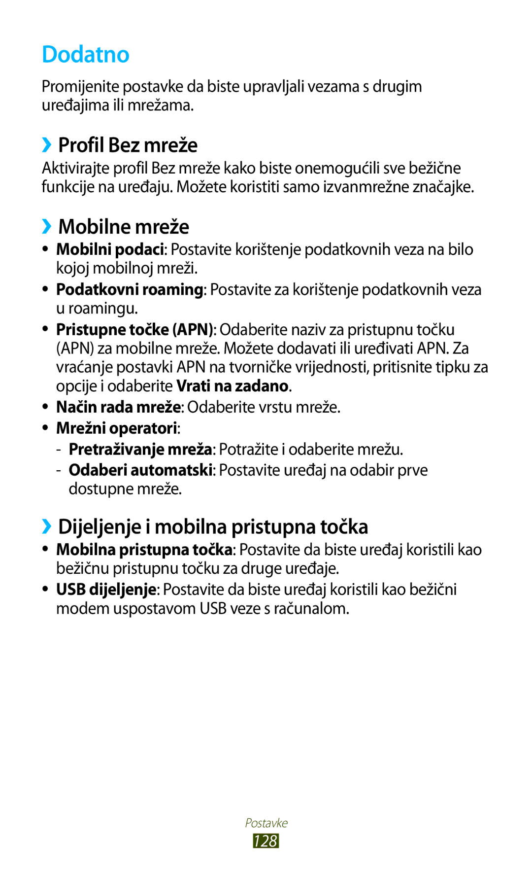 Samsung GT-S7560UWATWO manual Dodatno, ››Profil Bez mreže, ››Mobilne mreže, ››Dijeljenje i mobilna pristupna točka, 128 