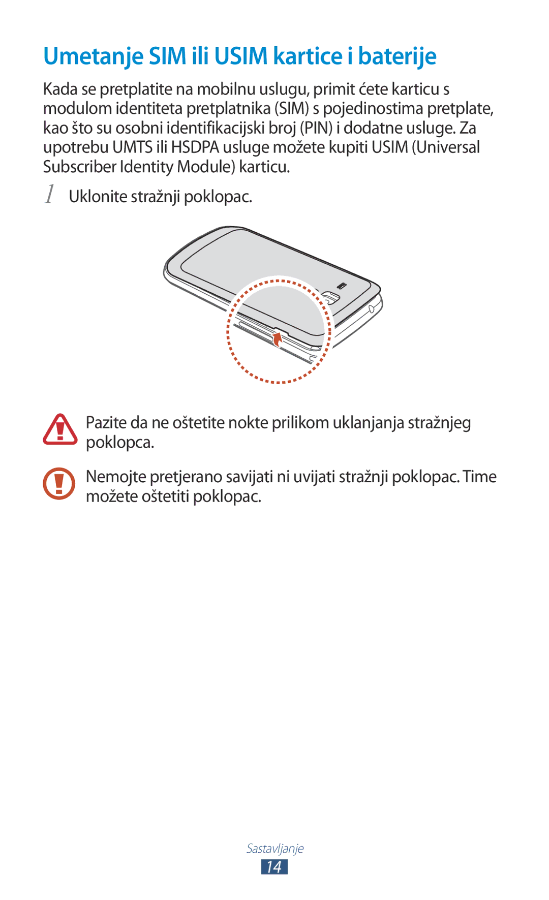 Samsung GT-S7560UWATWO, GT-S7560ZKASEE, GT-S7560ZKATWO, GT-S7560UWASEE manual Umetanje SIM ili Usim kartice i baterije 