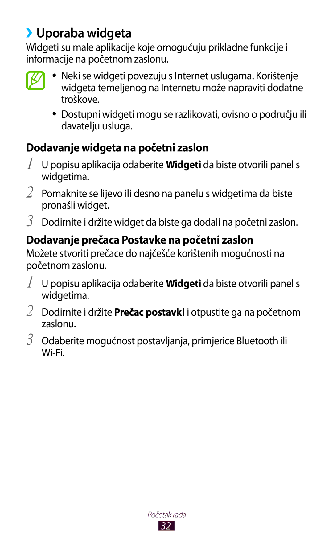 Samsung GT-S7560UWATWO, GT-S7560ZKASEE, GT-S7560ZKATWO manual ››Uporaba widgeta, Dodavanje widgeta na početni zaslon 