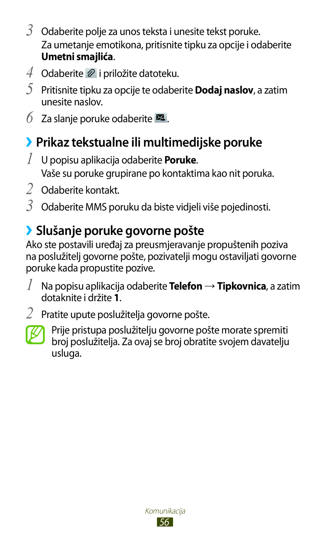 Samsung GT-S7560UWATWO, GT-S7560ZKASEE manual ››Prikaz tekstualne ili multimedijske poruke, ››Slušanje poruke govorne pošte 